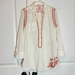 Sundance White Orange Embroidered Long Sleeve Roll Tab Popover Tunic Top S